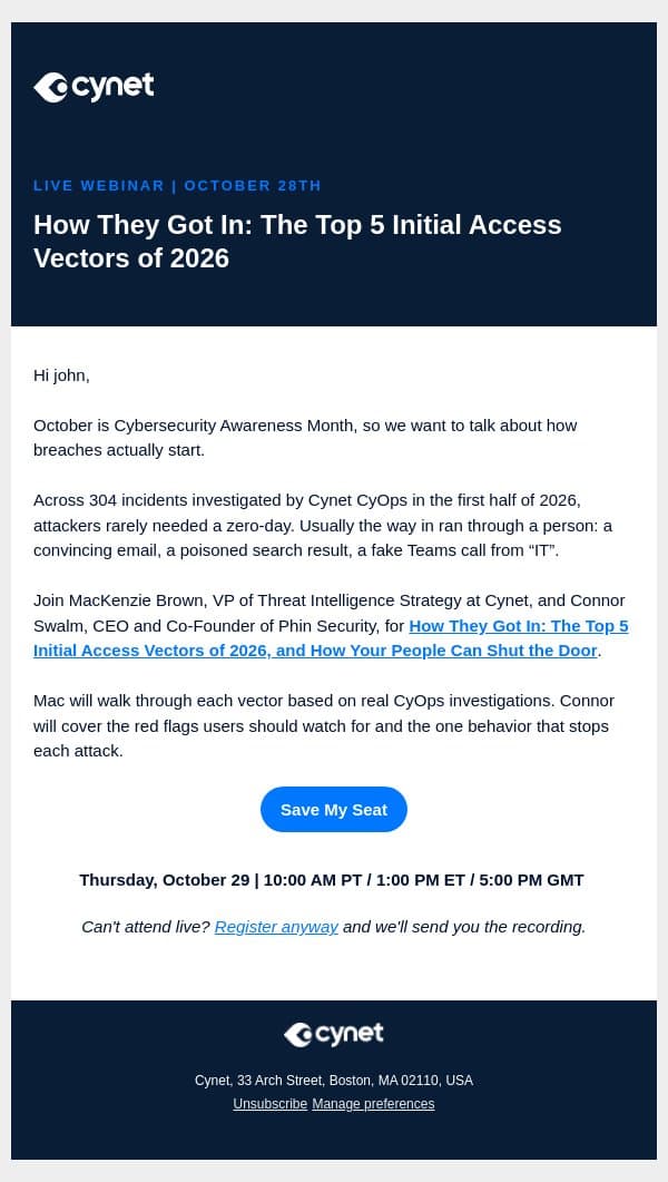 [Webinar] How did attackers get in this year? email from Cynet screenshot