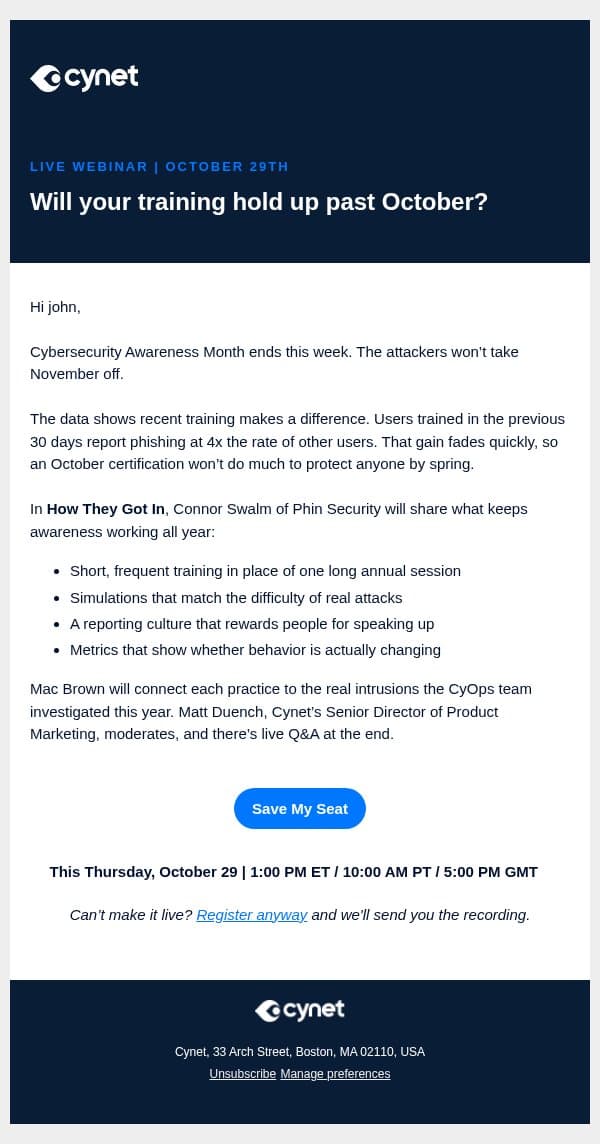 [Webinar] Will your training hold up past October? email from Cynet screenshot