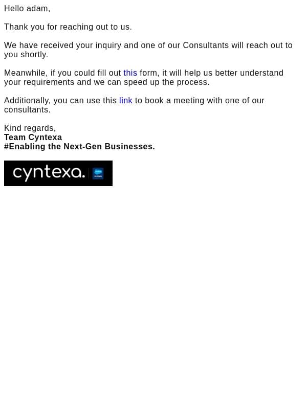 Thank you for contacting Cyntexa! email from Cyntexa screenshot