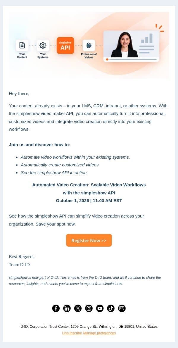 What if your systems could create videos for you? email from D-ID screenshot
