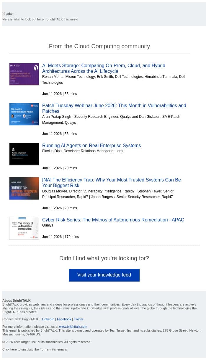 Weekly update: AI Meets Storage: Comparing On-Prem, Cloud, and Hybrid Architectures Across the AI Lifecycle email from D2iQ screenshot