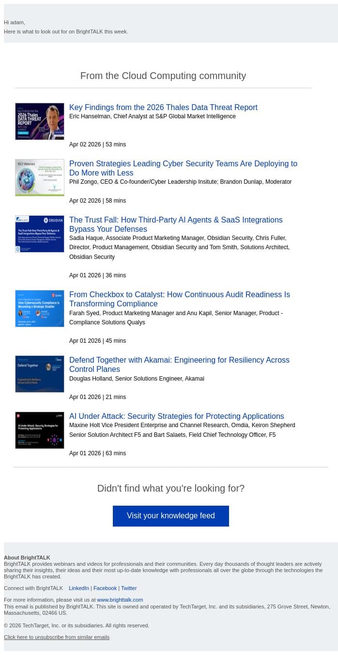 Weekly update: Key Findings from the 2026 Thales Data Threat Report email from D2iQ screenshot