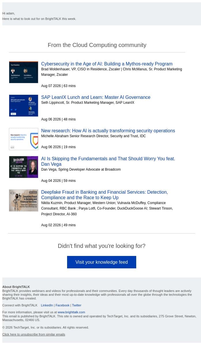 Weekly update: Cybersecurity in the Age of AI: Building a Mythos-ready Program email from D2iQ screenshot