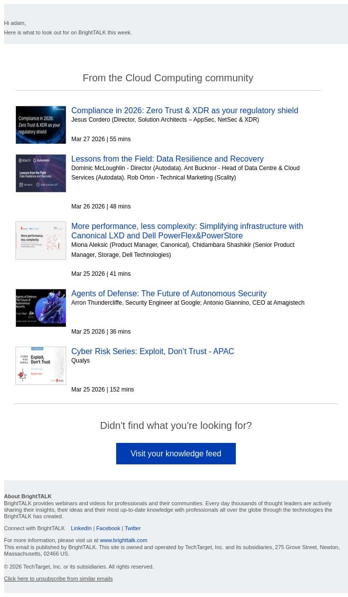 Weekly update: Compliance in 2026: Zero Trust & XDR as your regulatory shield email from D2iQ screenshot