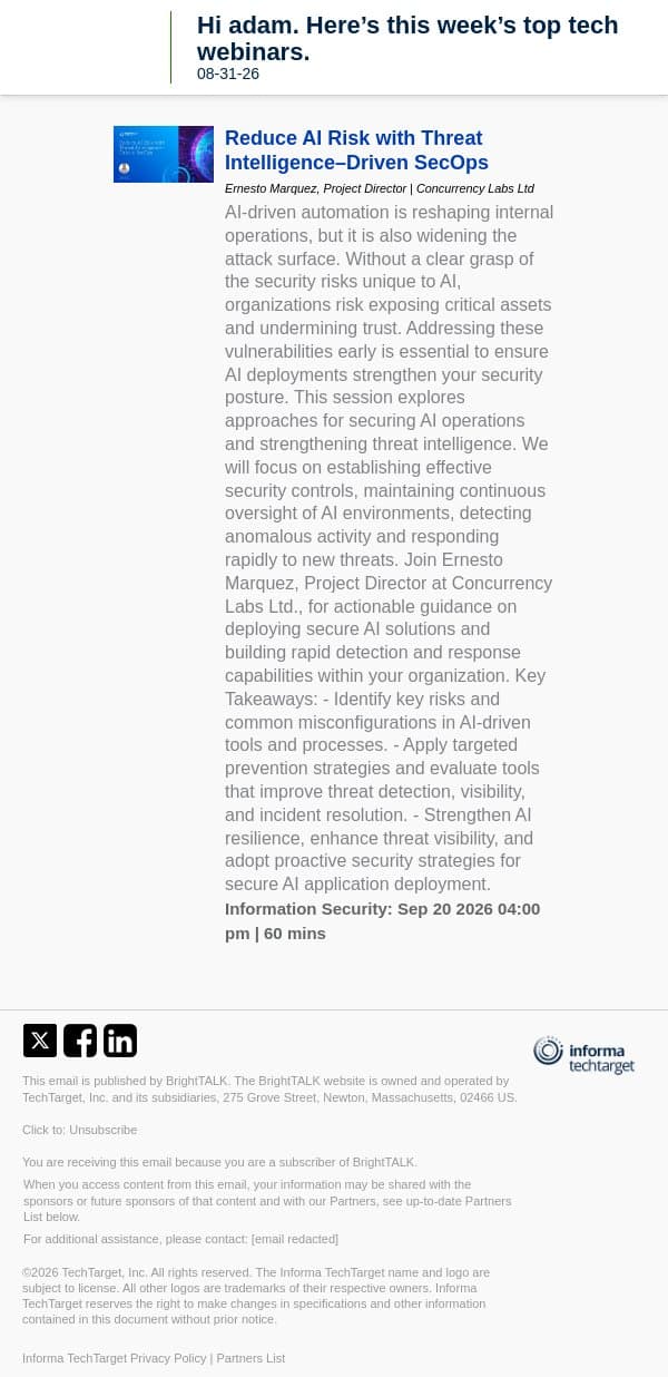 Reduce AI Risk with Threat Intelligence–Driven SecOps email from D2iQ screenshot