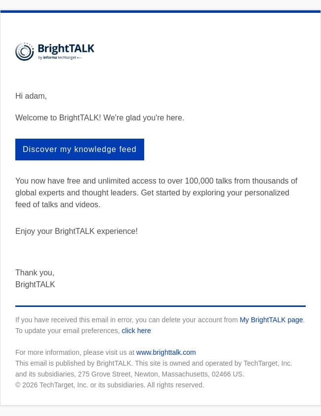Welcome to BrightTALK, adam! email from D2iQ screenshot