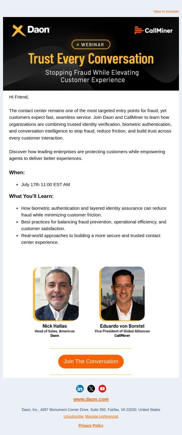 WEBINAR- Fighting Fraud, Building Trust: The Future of Contact Center Security email from Daon screenshot