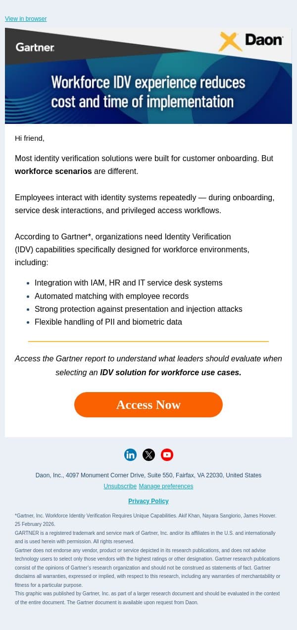 Why most IDV solutions fail workforce use cases email from Daon screenshot