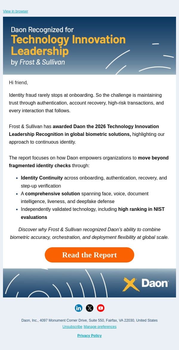 Daon Recognized as a Technology Innovation Leader in Biometrics email from Daon screenshot