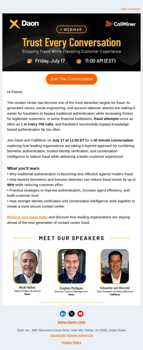 How Leading Organizations Are Reducing Contact Center Fraud by Up to 90% email from Daon screenshot