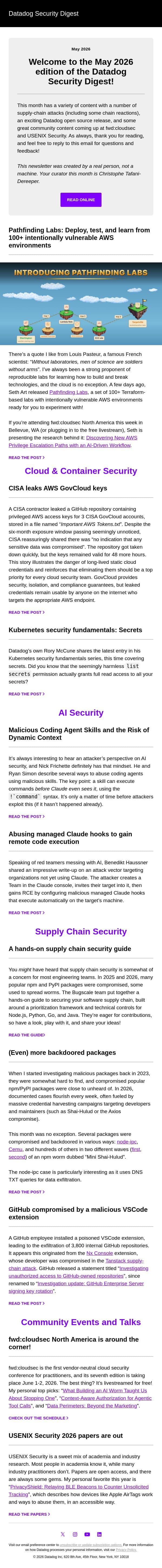 Malicious AI skills, compromised npm packages, and 100+ intentionally vulnerable AWS environments email from Datadog screenshot