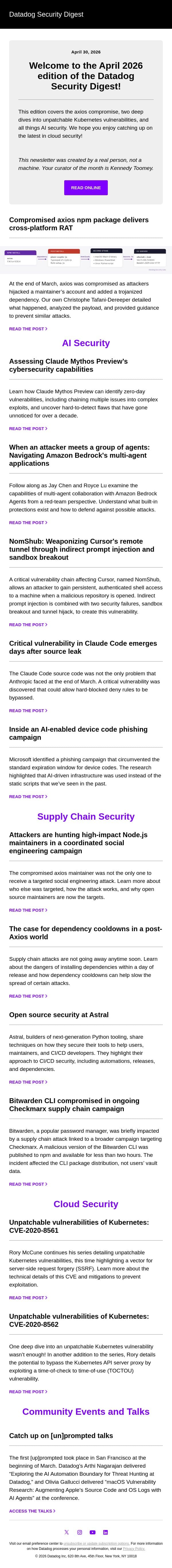 Axios compromised, unpatchable Kubernetes vulns, and all things AI security email from Datadog screenshot