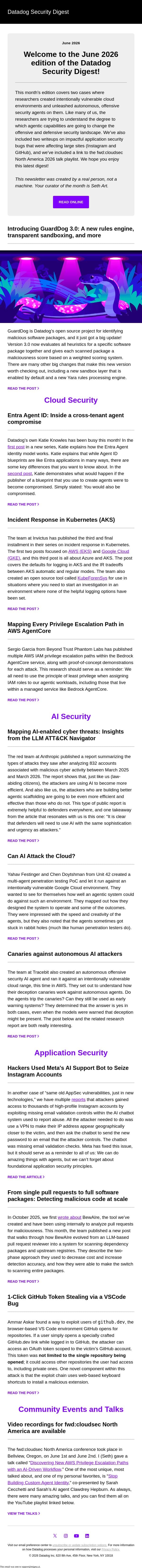 Autonomous offensive security agents, impactful application flaws, and fwd:cloudsec videos email from Datadog screenshot