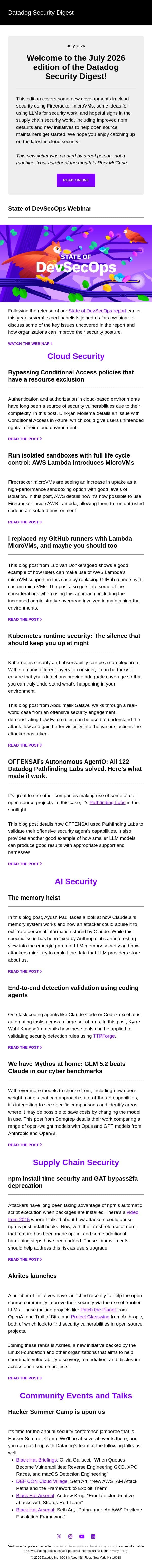 MicroVMs, AI attacks and capabilities, and the State of DevSecOps Webinar email from Datadog screenshot