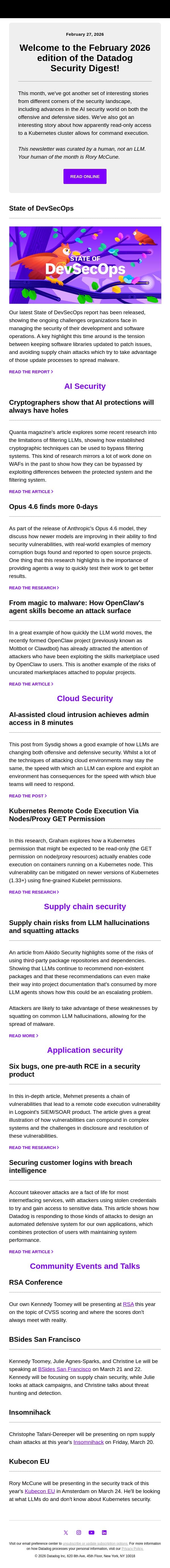 Welcome to the February 2026 edition of the Datadog Security Digest! email from Datadog screenshot