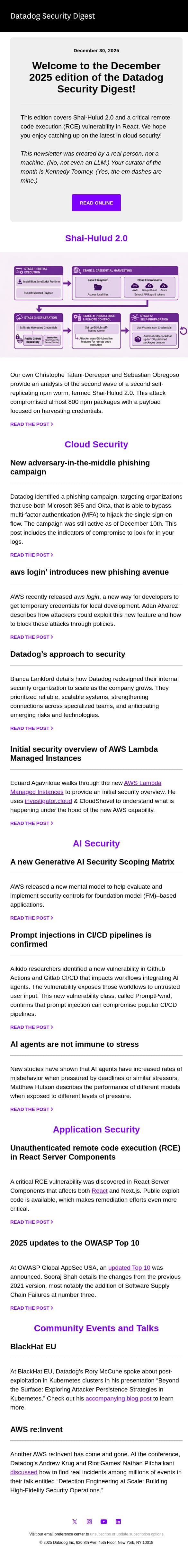 Welcome to the December 2025 edition of the Datadog Security Digest! email from Datadog screenshot