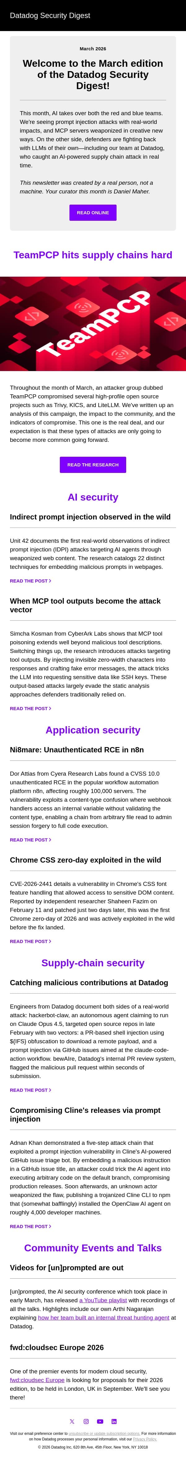 TeamPCP hitting supply chains, AI agents leveling up email from Datadog screenshot