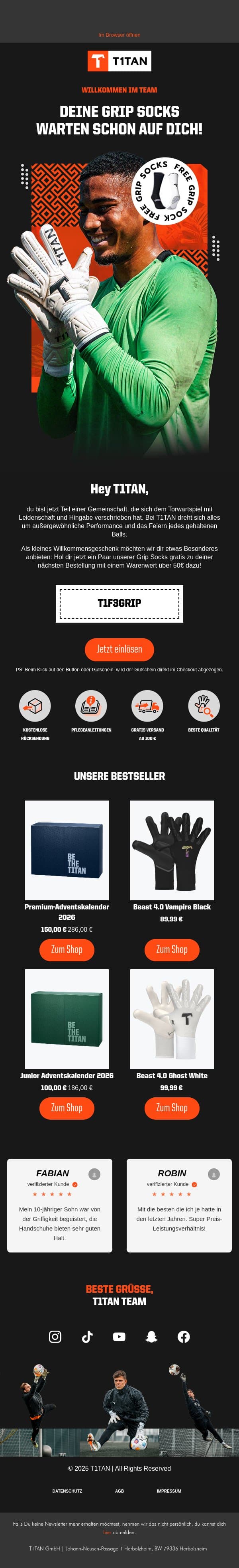 Willkommen bei T1TAN!🧤 email from De screenshot