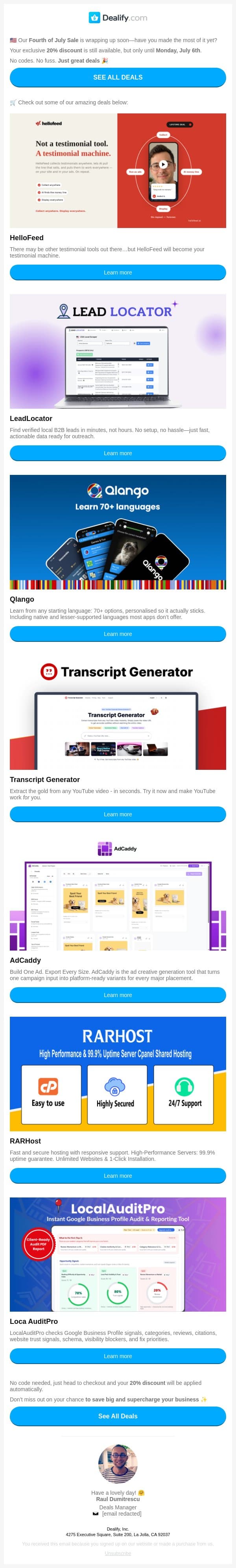 ⏰ LAST CHANCE: 4th of July Sale Event - Get an EXTRA 20% of ANY DEAL email from Dealify screenshot