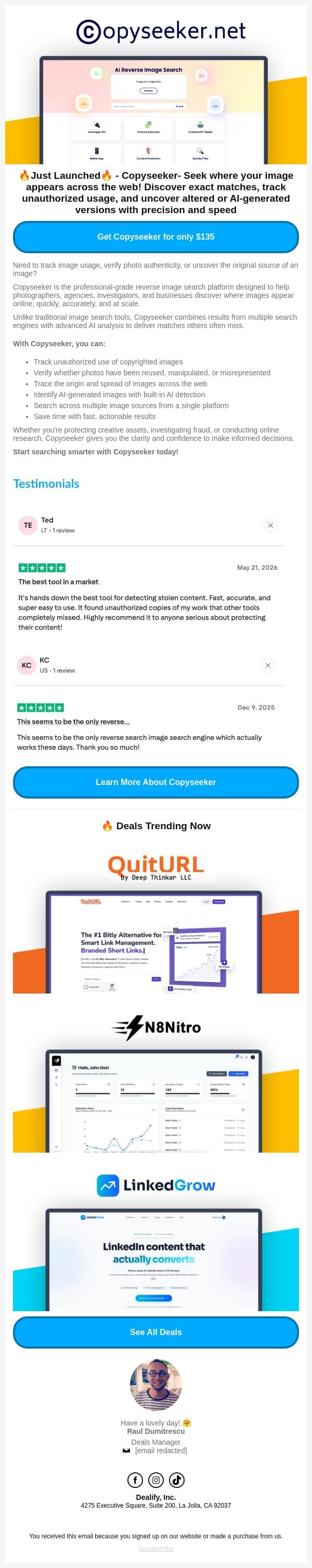 🚀 New Lifetime Deal: Copyseeker - Best Al Reverse Image Search email from Dealify screenshot
