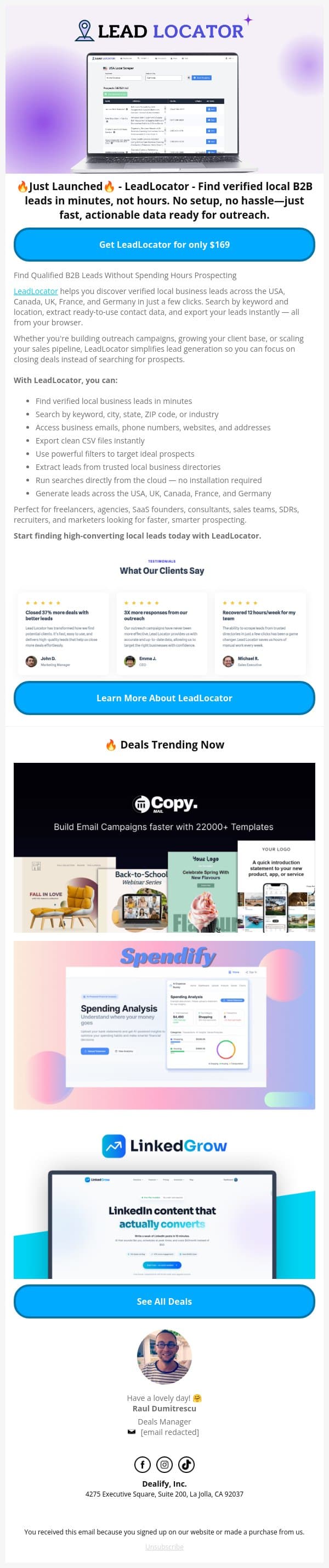 🚀 New Lifetime Deal: LeadLocator - Find, Extract & Grow. Local Leads Made Easy email from Dealify screenshot