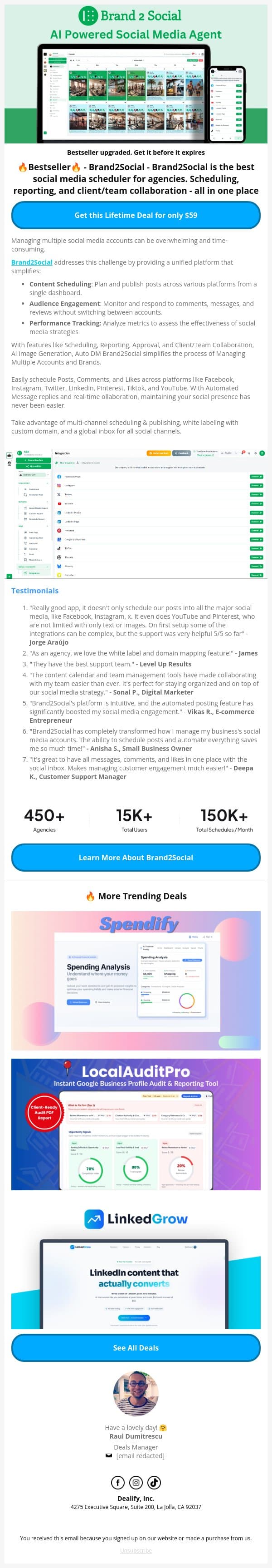 📣 More Features Added: Brand2Social Lifetime Deal - Boost social engagement 30% and reduce work by 40% email from Dealify screenshot