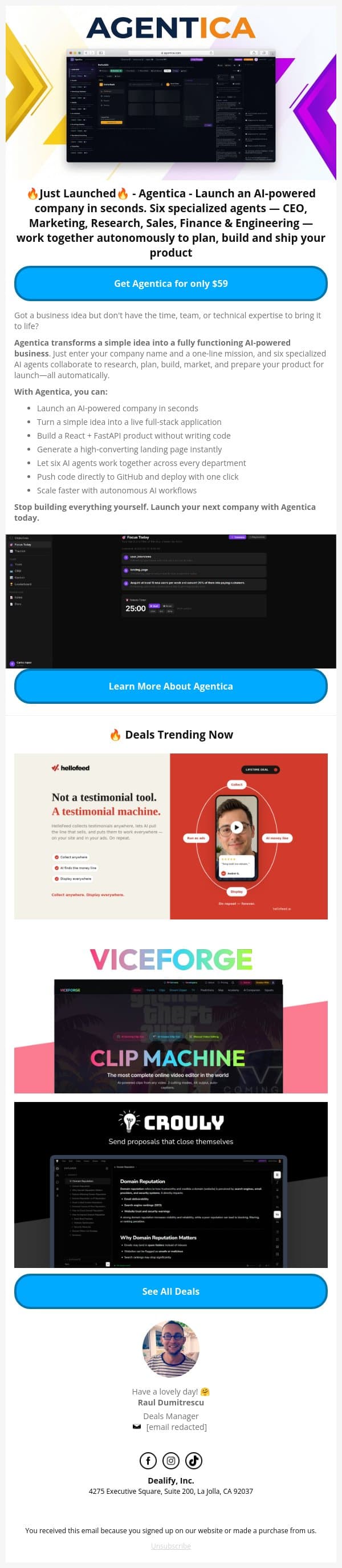 🚀 New Lifetime Deal: Agentica- Launch an AI-powered company in seconds email from Dealify screenshot