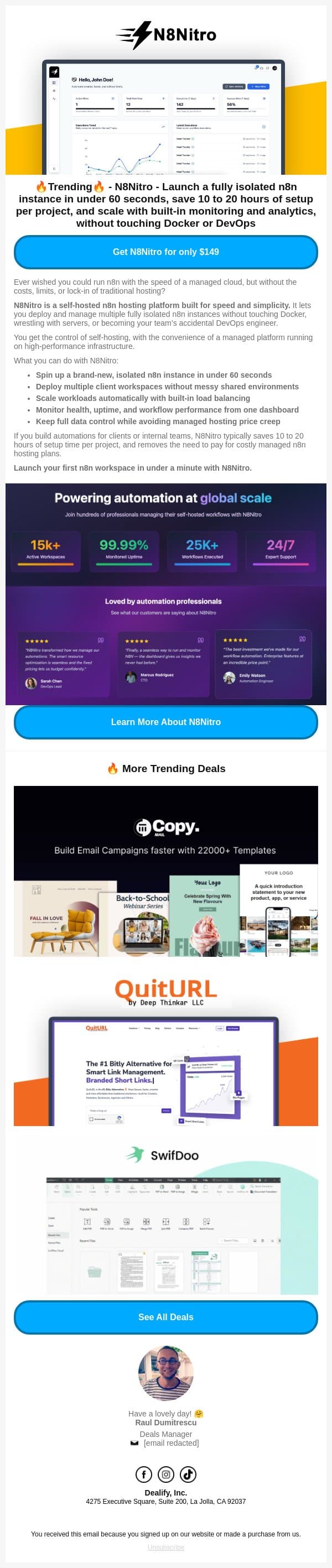 🚀 Trending Lifetime Deal: N8Nitro - Launch a fully isolated n8n instance in under 60 seconds email from Dealify screenshot