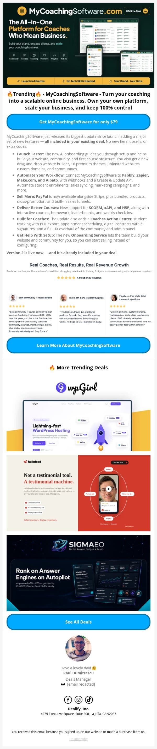 🚀 Trending Lifetime Deal: MyCoachingSoftware upgrade - more tools for your coaching business email from Dealify screenshot