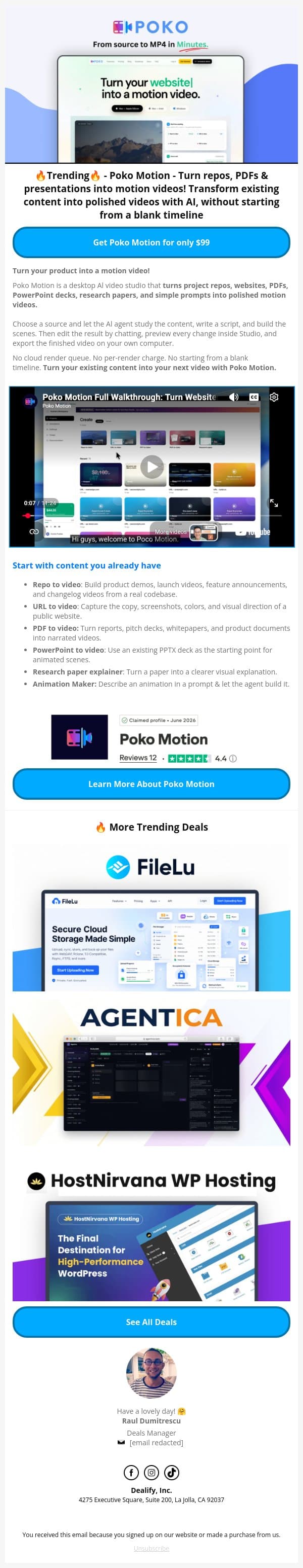 🔥 Trending Lifetime Deal: Poko Motion - Turn repos, PDFs & presentations into motion videos email from Dealify screenshot