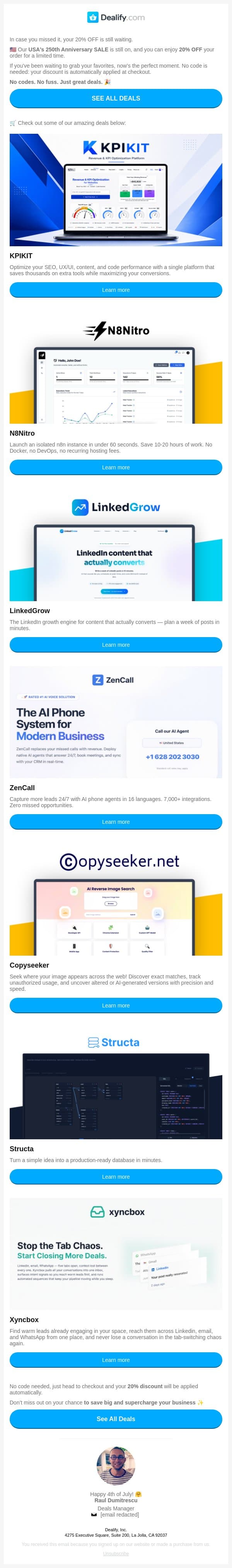 🔥 4th of July Sale Event - Get an EXTRA 20% of ANY DEAL email from Dealify screenshot