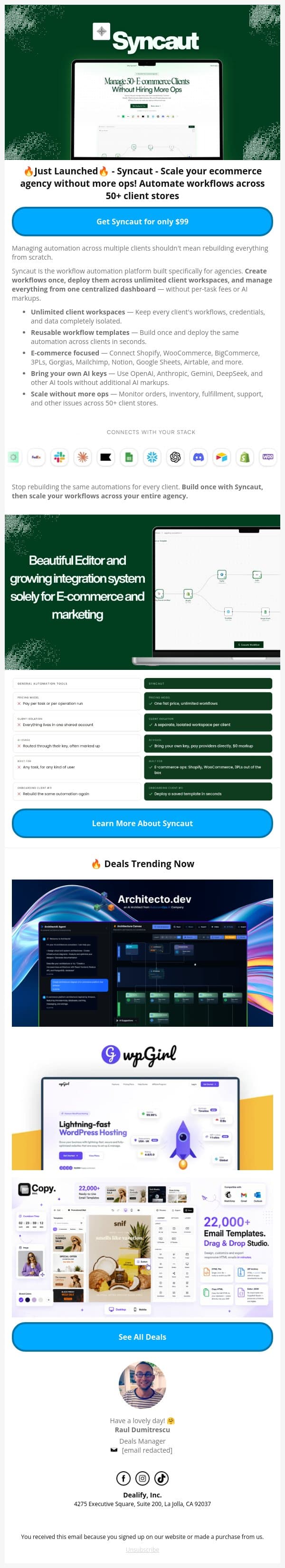 🔥 Just Launched Lifetime Deal: Syncaut - Scale your ecommerce agency without more ops email from Dealify screenshot