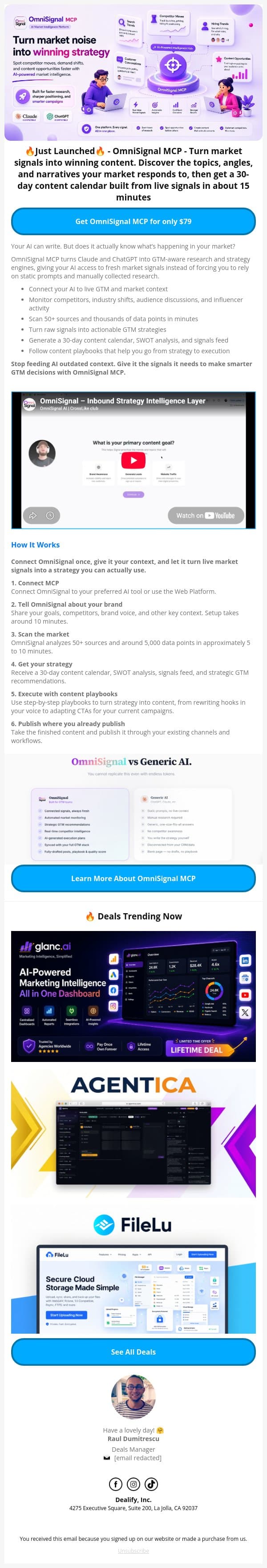🔥 Just Launched Lifetime Deal: OmniSignal MCP - Turn market noise into winning strategy email from Dealify screenshot