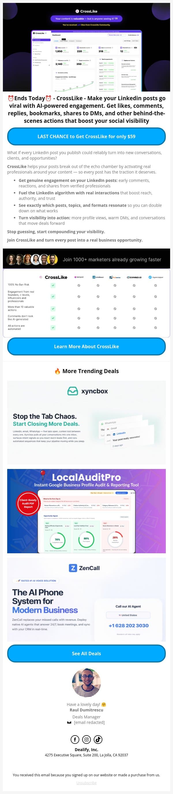 ⏳ Final Hours to Get Our Bestseller: CrossLike - Turn LinkedIn posts into real conversations, not cold broadcasts email from Dealify screenshot
