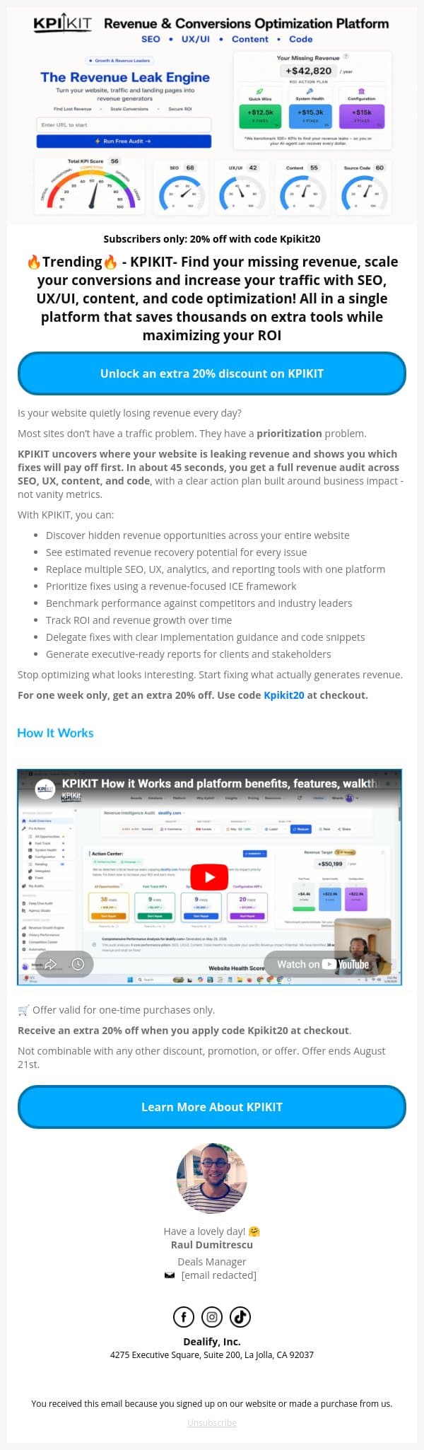 💸 One week only: Extra 20% off KPIKIT - Fix your SEO, UX/UI, Content and Code revenue leaks email from Dealify screenshot