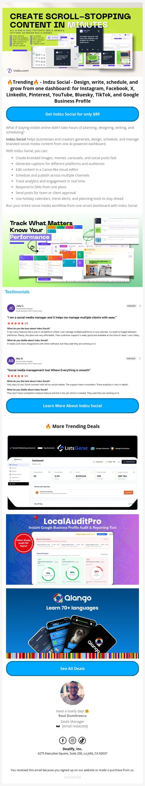 🔥 Trending Lifetime Deal: Indzu Social - 30 Days of Social Media Contents Just in 10 Minutes email from Dealify screenshot