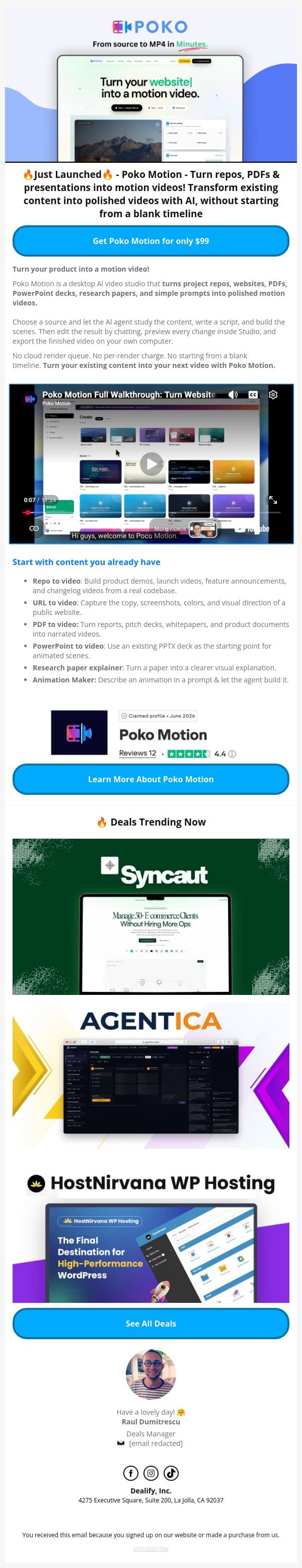 🚀 New Lifetime Deal: Poko Motion - Turn repos, PDFs & presentations into motion videos email from Dealify screenshot