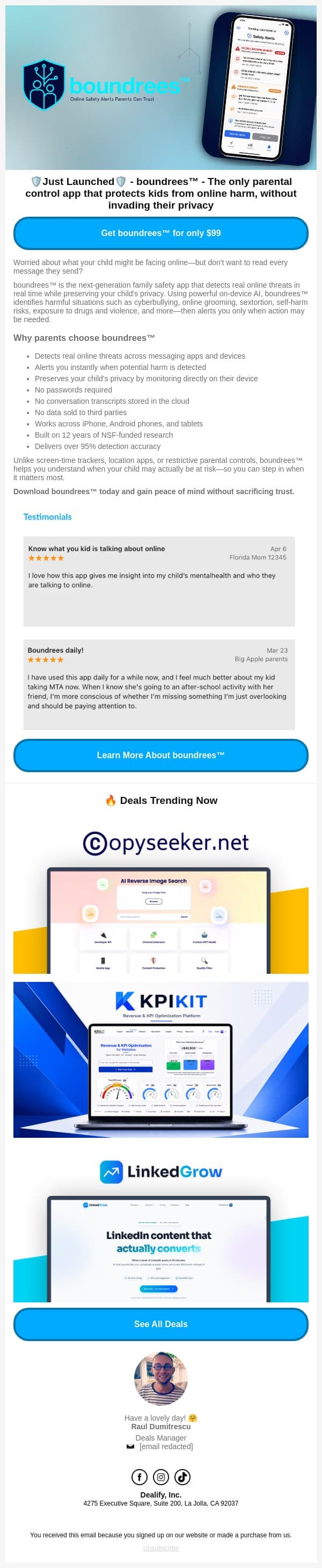 🔒 New Lifetime Deal: boundrees™ - Detect real online threats across messaging apps and devices email from Dealify screenshot