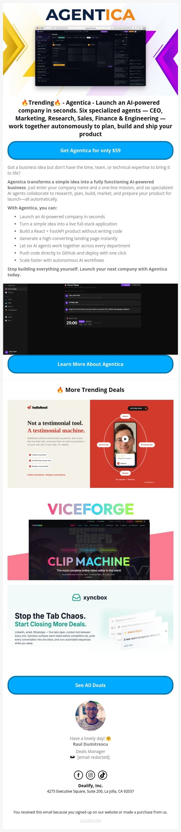🚨 Trending Lifetime Deal: Agentica- Launch an AI-powered company in seconds email from Dealify screenshot