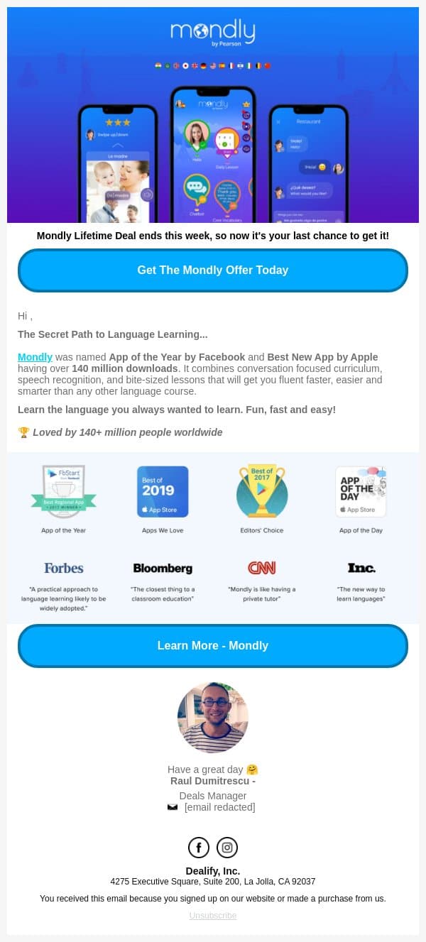 ⏰LAST CHANCE: Mondly LTD - Join 140+ Million People Learning 41 Languages email from Dealify screenshot