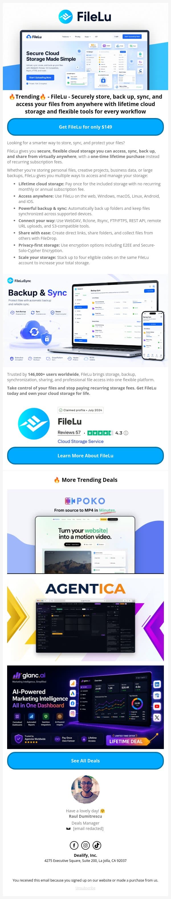 🚀 Trending Lifetime Deal: FileLu - Secure Cloud Storage Made Simple email from Dealify screenshot