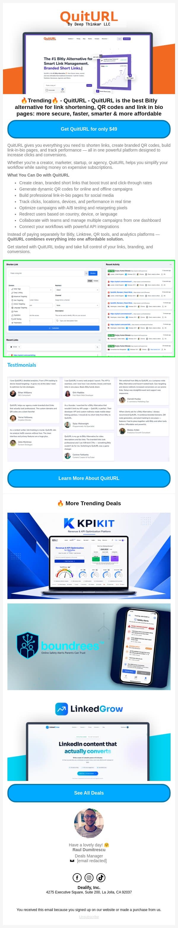 📣 Trending Lifetime Deal: QuitURL - The best Bitly alternative for link shortening, QR codes and link in bio pages email from Dealify screenshot