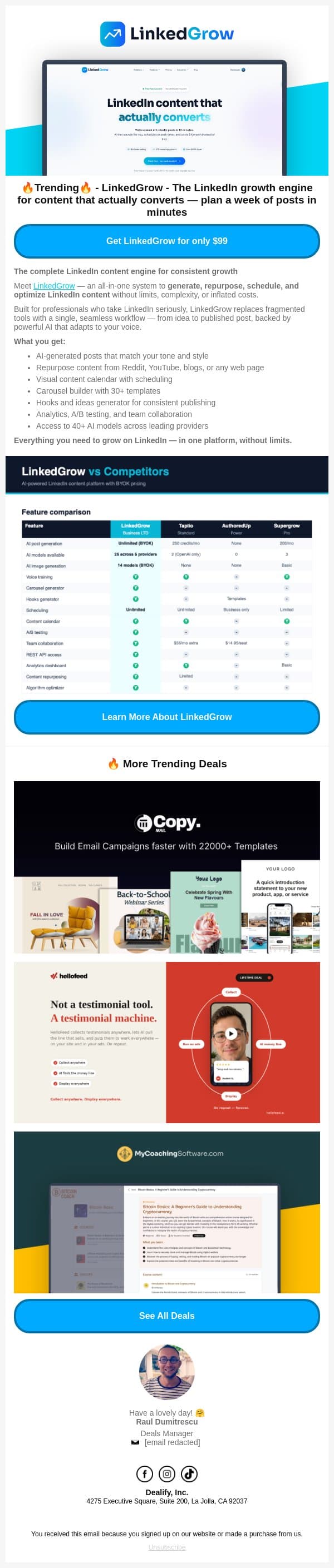 🔥 Trending Lifetime Deal: LinkedGrow - LinkedIn content that actually converts email from Dealify screenshot