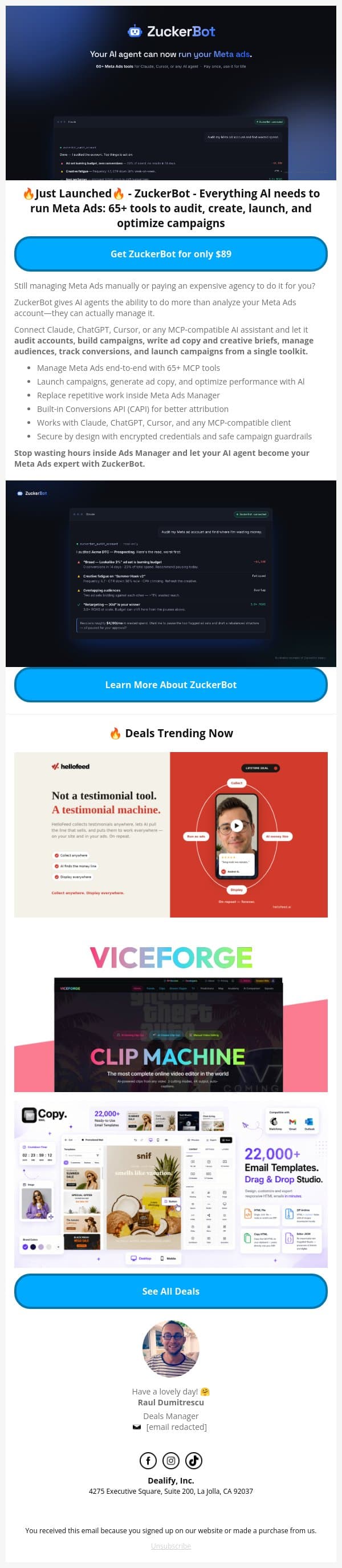🚀 New Lifetime Deal: ZuckerBot - Everything Al needs to run Meta Ads email from Dealify screenshot