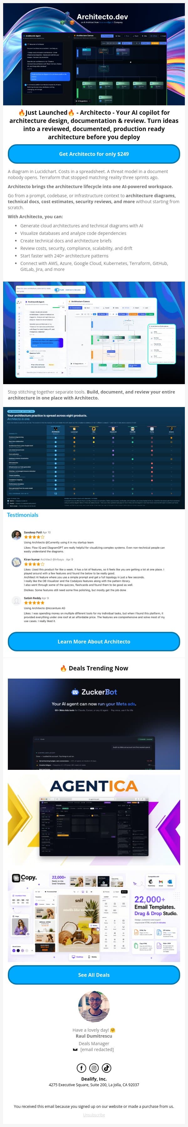 🔥 Just Launched Lifetime Deal: Architecto - From Prompt to Cloud Architecture in Seconds email from Dealify screenshot
