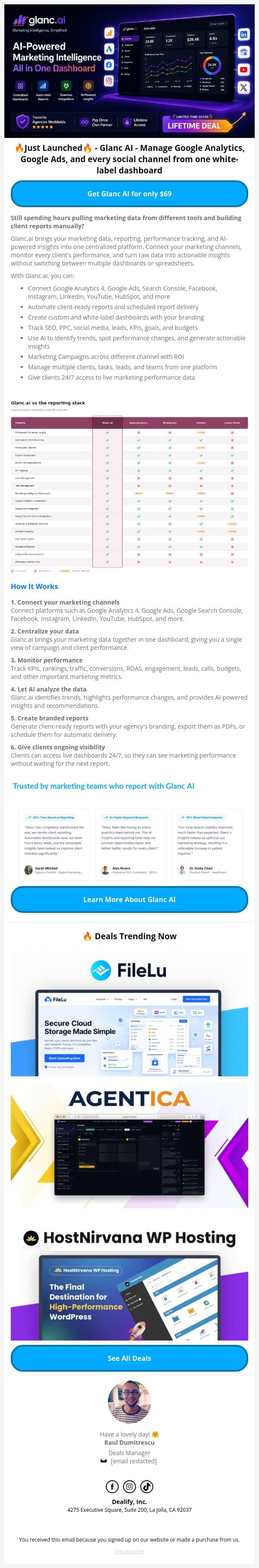 🚀 New Lifetime Deal: Glanc AI - Al-Powered Marketing Intelligence. All in One Dashboard email from Dealify screenshot