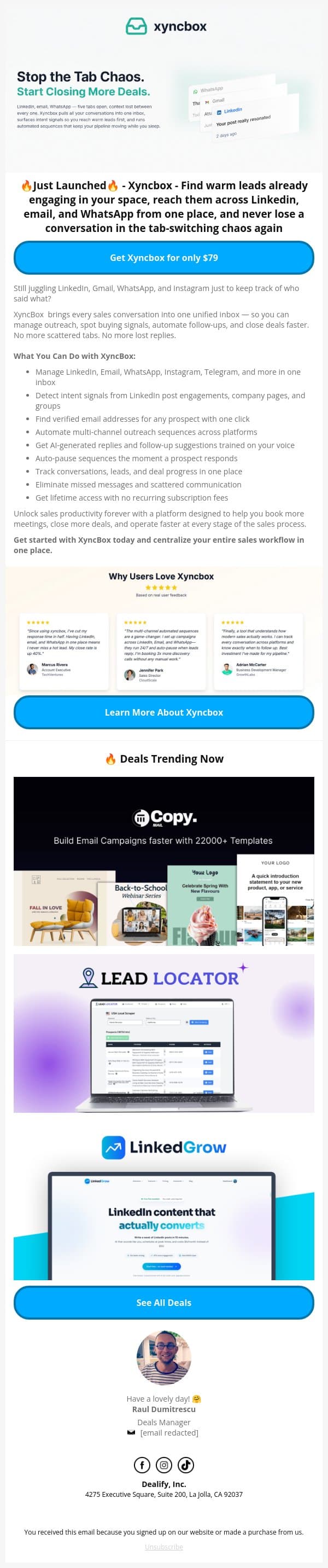 🚀 New Lifetime Deal: Xyncbox - Unified Inbox for Sales email from Dealify screenshot