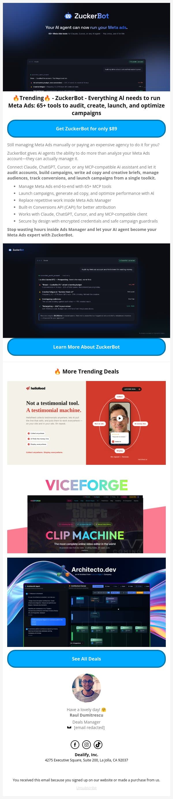 🔥 Trending Lifetime Deal: ZuckerBot - Your Al agent can now run your Meta ads email from Dealify screenshot