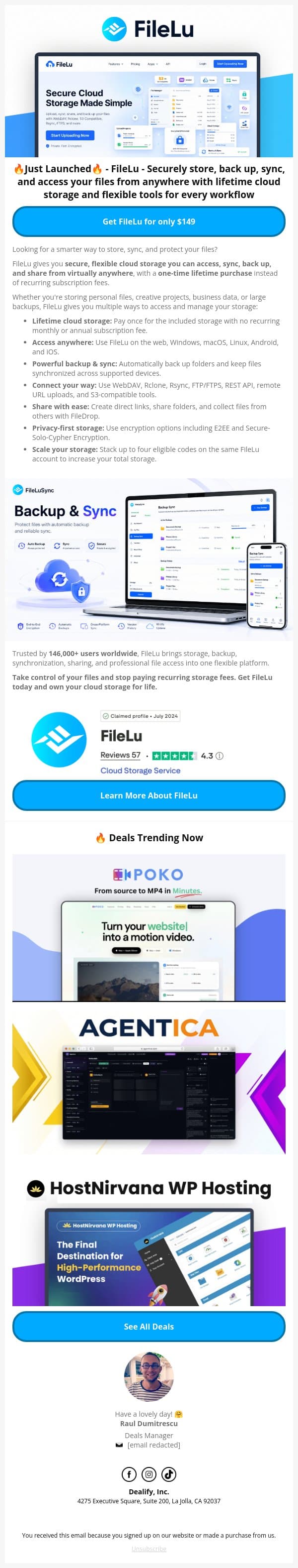 🚀 New Lifetime Deal: FileLu - Secure Cloud Storage Made Simple email from Dealify screenshot