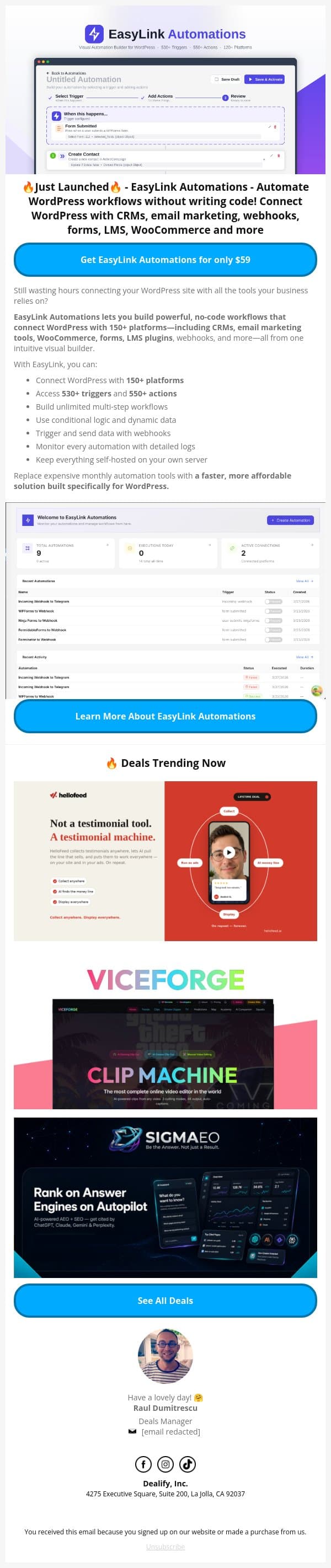 🚀 New Lifetime Deal: EasyLink Automations - Automate WordPress workflows without writing code email from Dealify screenshot